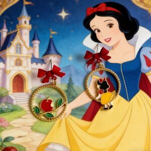 Disney Style Snow White Drop Earrings Red Bow & Poison Apple Dangles
